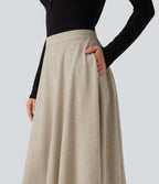 High Waisted A-Line Midi Work Skirt with Pockets — Oatmeal Khaki — view 5