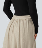 High Waisted A-Line Midi Work Skirt with Pockets — Oatmeal Khaki — view 4