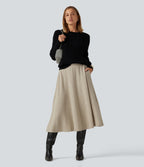 High Waisted A-Line Midi Work Skirt with Pockets — Oatmeal Khaki — view 7