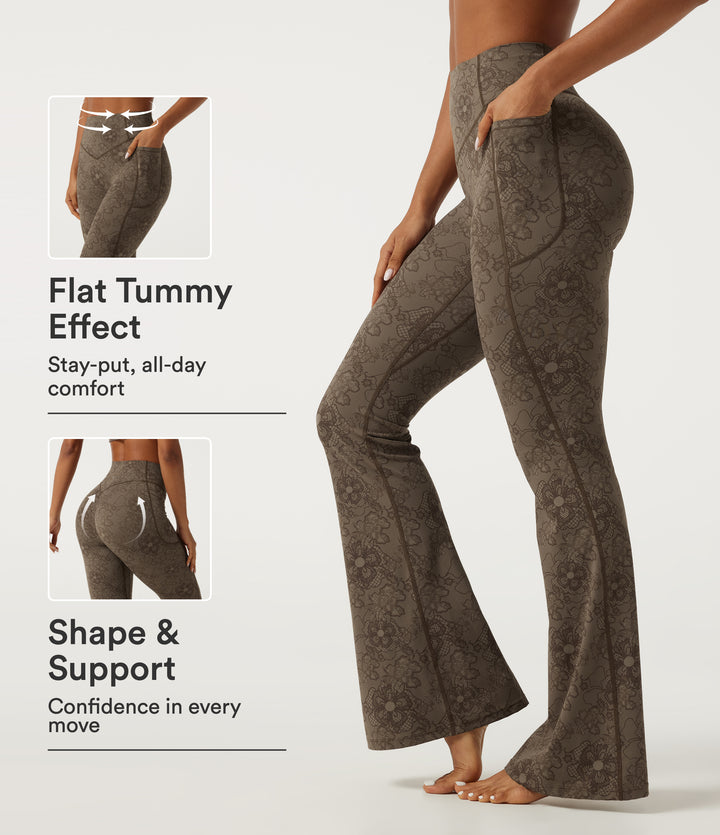 High Waisted Tummy Control Butt Lifting Contrast Lace Flare Yoga Leggings with Pockets — Cedarwood Lace — view 1