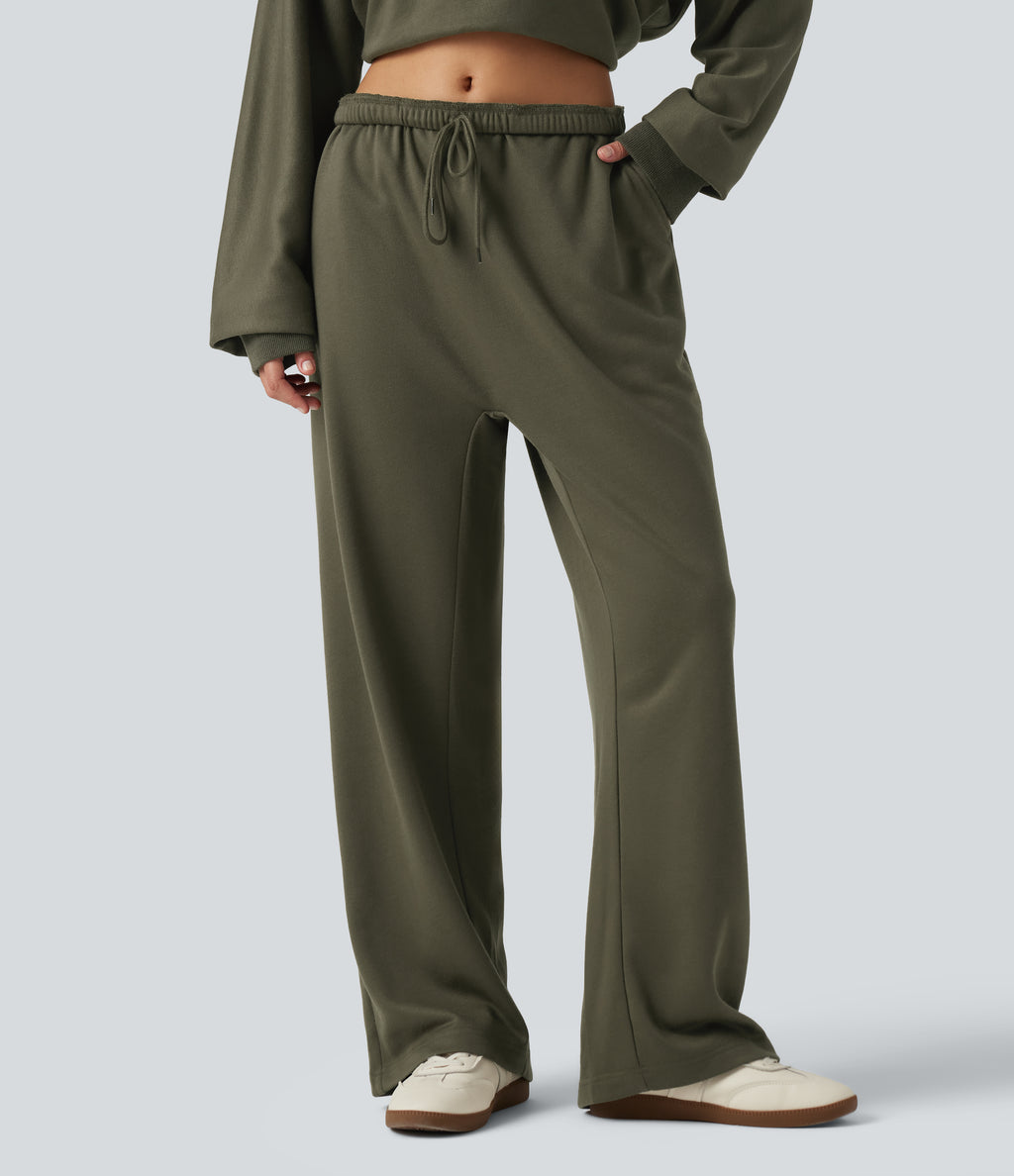 Low Rise Drawstring Straight Leg Casual Sweatpants with Pockets — Ivy Green — view 4