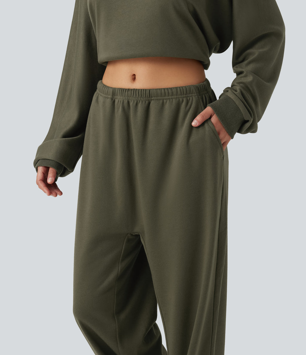 Low Rise Drawstring Straight Leg Casual Sweatpants with Pockets — Ivy Green — view 6