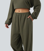Low Rise Drawstring Straight Leg Casual Sweatpants with Pockets — Ivy Green — view 6