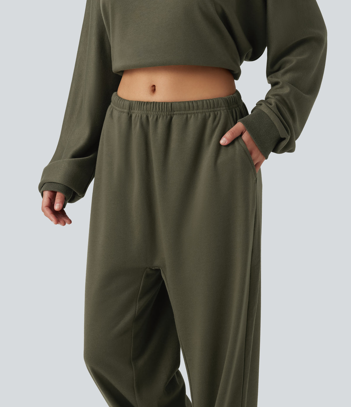 Low Rise Drawstring Straight Leg Casual Sweatpants with Pockets — Ivy Green — view 6
