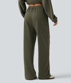 Low Rise Drawstring Straight Leg Casual Sweatpants with Pockets — Ivy Green — view 2