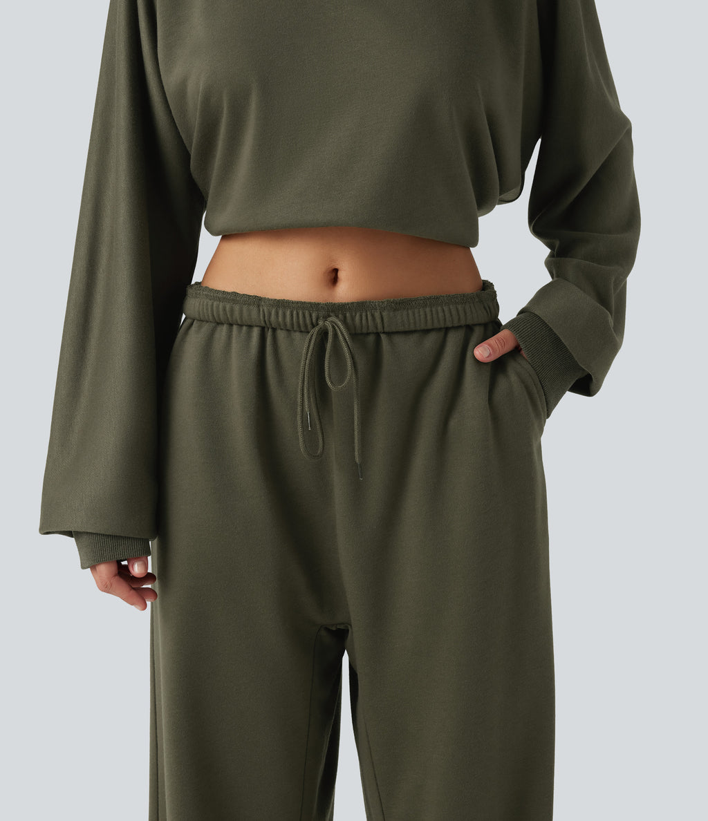 Low Rise Drawstring Straight Leg Casual Sweatpants with Pockets — Ivy Green — view 5