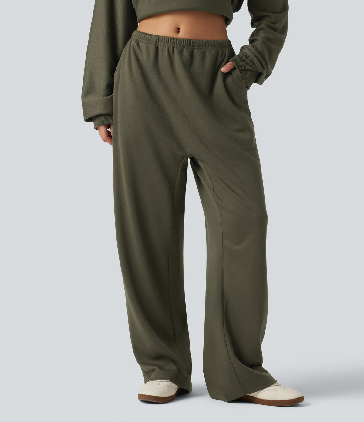 Low Rise Drawstring Straight Leg Casual Sweatpants with Pockets — Ivy Green — view 1
