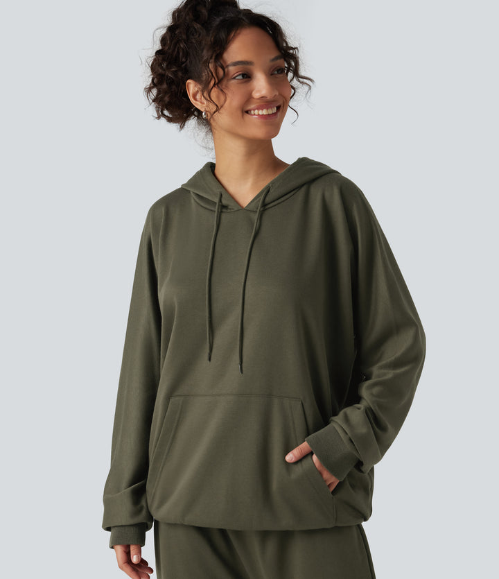 Hooded Round Neck Long Sleeve Casual Sports Sweatshirt with Pocket — Ivy Green — view 1