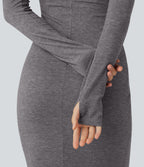 Hooded Long Sleeve Thumb Hole A-Line Maxi Casual Dress with Pocket — Darl Gray Floral Yarn — view 6