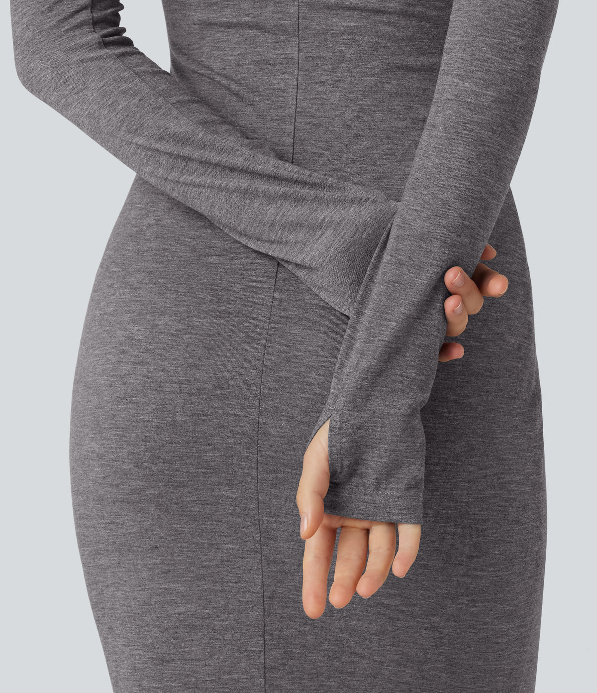 Hooded Long Sleeve Thumb Hole A-Line Maxi Casual Dress with Pocket — Darl Gray Floral Yarn — view 6