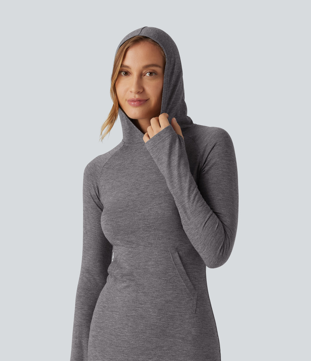 Hooded Long Sleeve Thumb Hole A-Line Maxi Casual Dress with Pocket — Darl Gray Floral Yarn — view 4