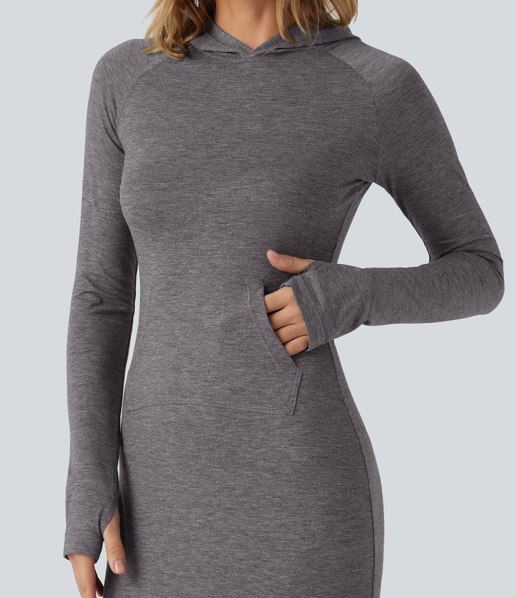 Hooded Long Sleeve Thumb Hole A-Line Maxi Casual Dress with Pocket — Darl Gray Floral Yarn — view 5