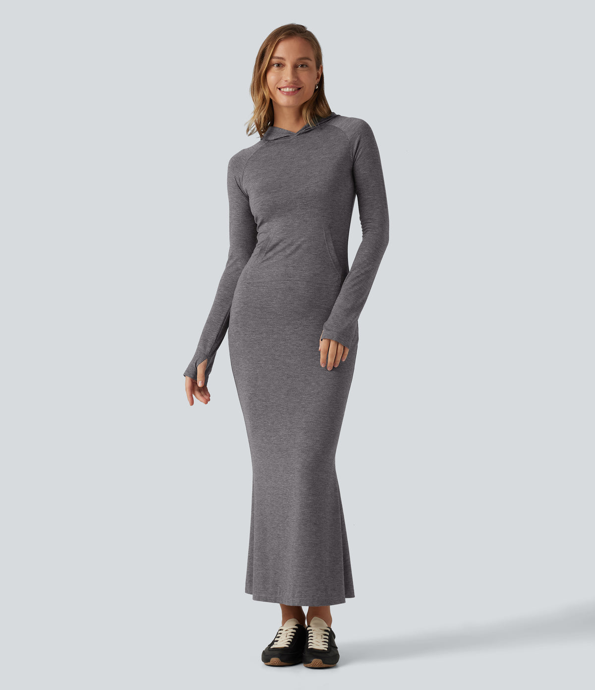 Hooded Long Sleeve Thumb Hole A-Line Maxi Casual Dress with Pocket — Darl Gray Floral Yarn — view 1