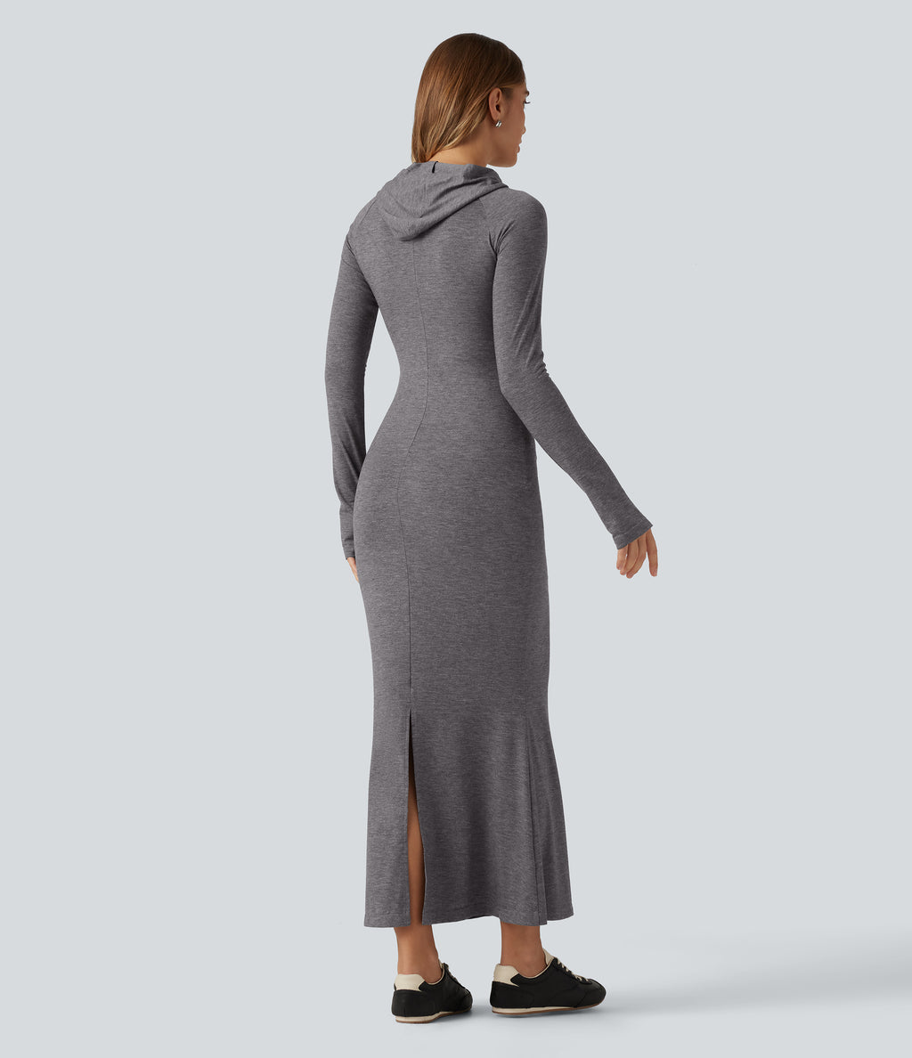 Hooded Long Sleeve Thumb Hole A-Line Maxi Casual Dress with Pocket — Darl Gray Floral Yarn — view 2