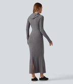 Hooded Long Sleeve Thumb Hole A-Line Maxi Casual Dress with Pocket — Darl Gray Floral Yarn — view 2