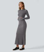 Hooded Long Sleeve Thumb Hole A-Line Maxi Casual Dress with Pocket — Darl Gray Floral Yarn — view 3