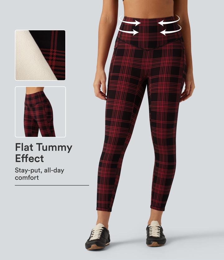 Plaid Print High Waisted Tummy Control Fleece Workout Leggings with Pockets — Apple Houndstooth Plaid — view 1