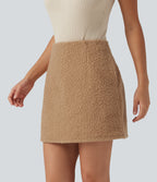 High Waisted A-Line 2-in-1 Teddy Mini Casual Skirt with Pockets — Biscuit — view 3