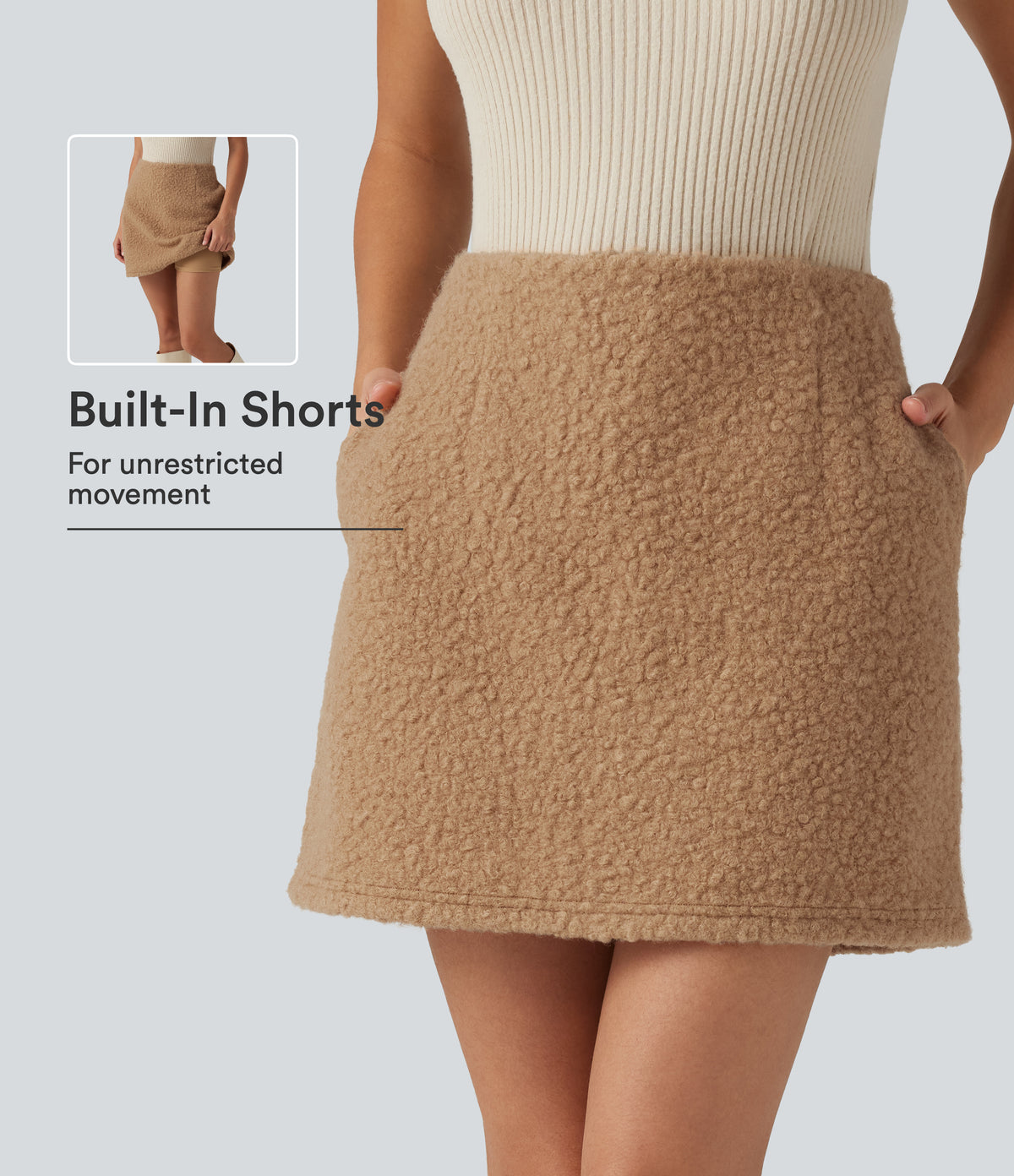 High Waisted A-Line 2-in-1 Teddy Mini Casual Skirt with Pockets — Biscuit — view 1
