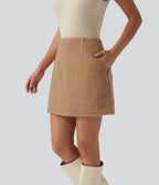 High Waisted A-Line 2-in-1 Teddy Mini Casual Skirt with Pockets — Biscuit — view 4