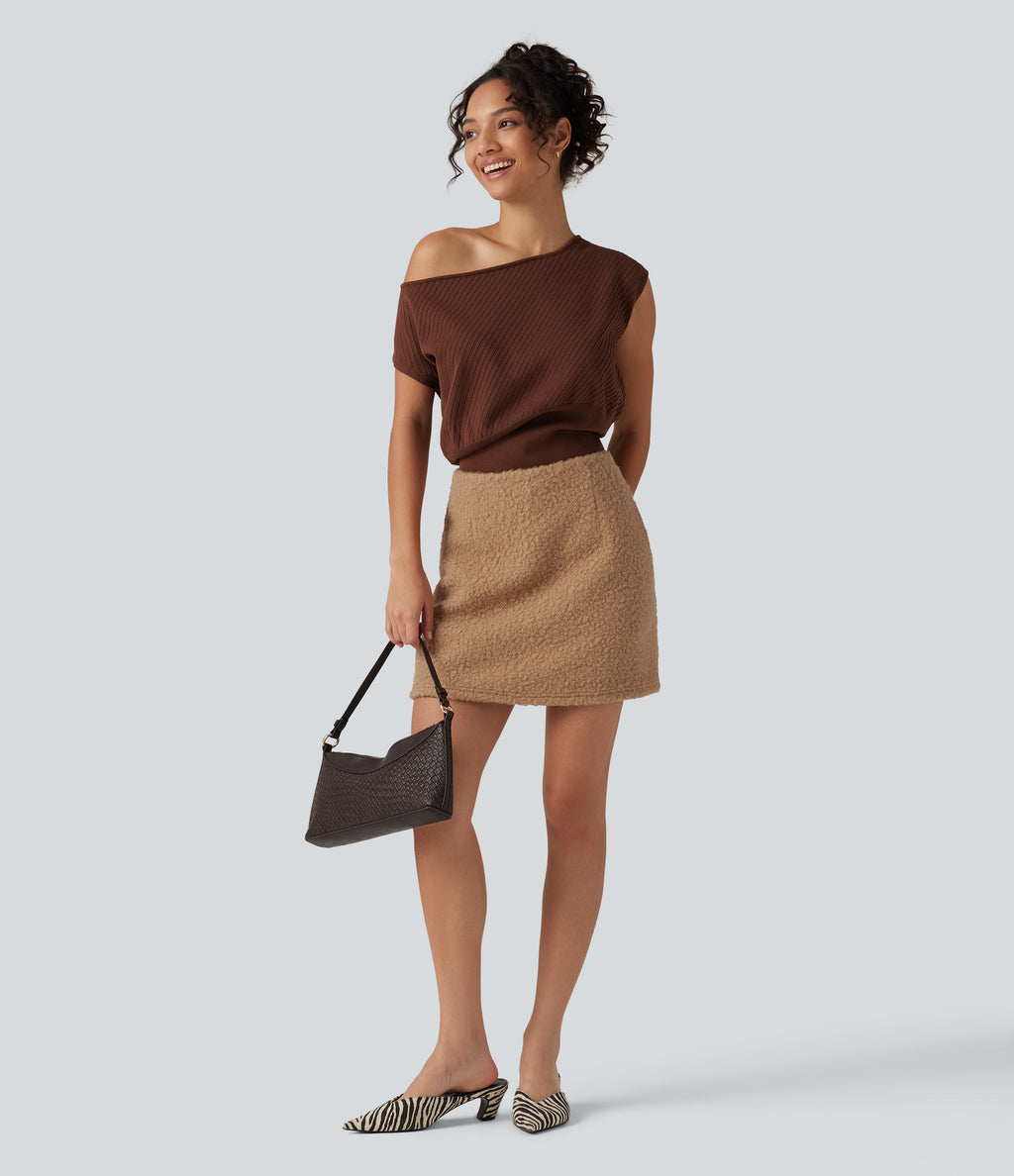 High Waisted A-Line 2-in-1 Teddy Mini Casual Skirt with Pockets — Biscuit — view 8