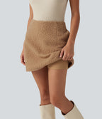 High Waisted A-Line 2-in-1 Teddy Mini Casual Skirt with Pockets — Biscuit — view 6