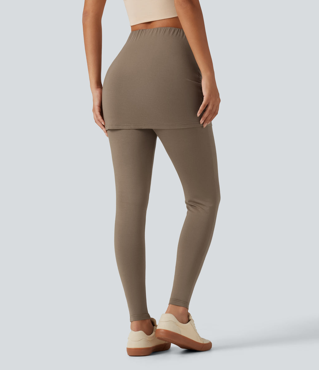 High Waisted Skinny Casual Skirted Leggings with Pocket — Caribou — view 2