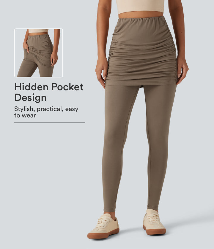 High Waisted Skinny Casual Skirted Leggings with Pocket — Caribou — view 1