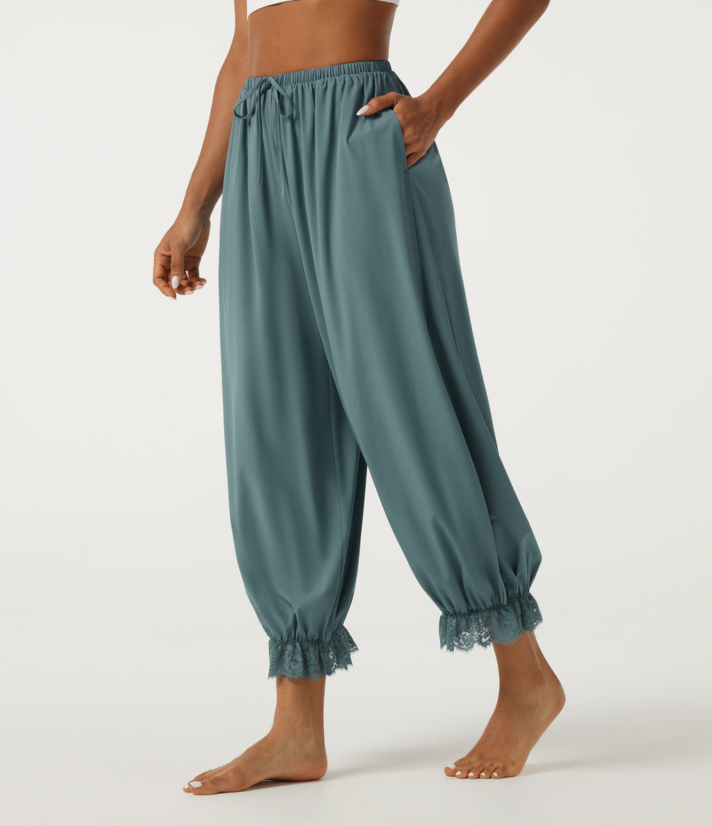 High Waisted Drawstring Contrast Lace Quick Dry Dance with Pockets — Stone Blue — view 3