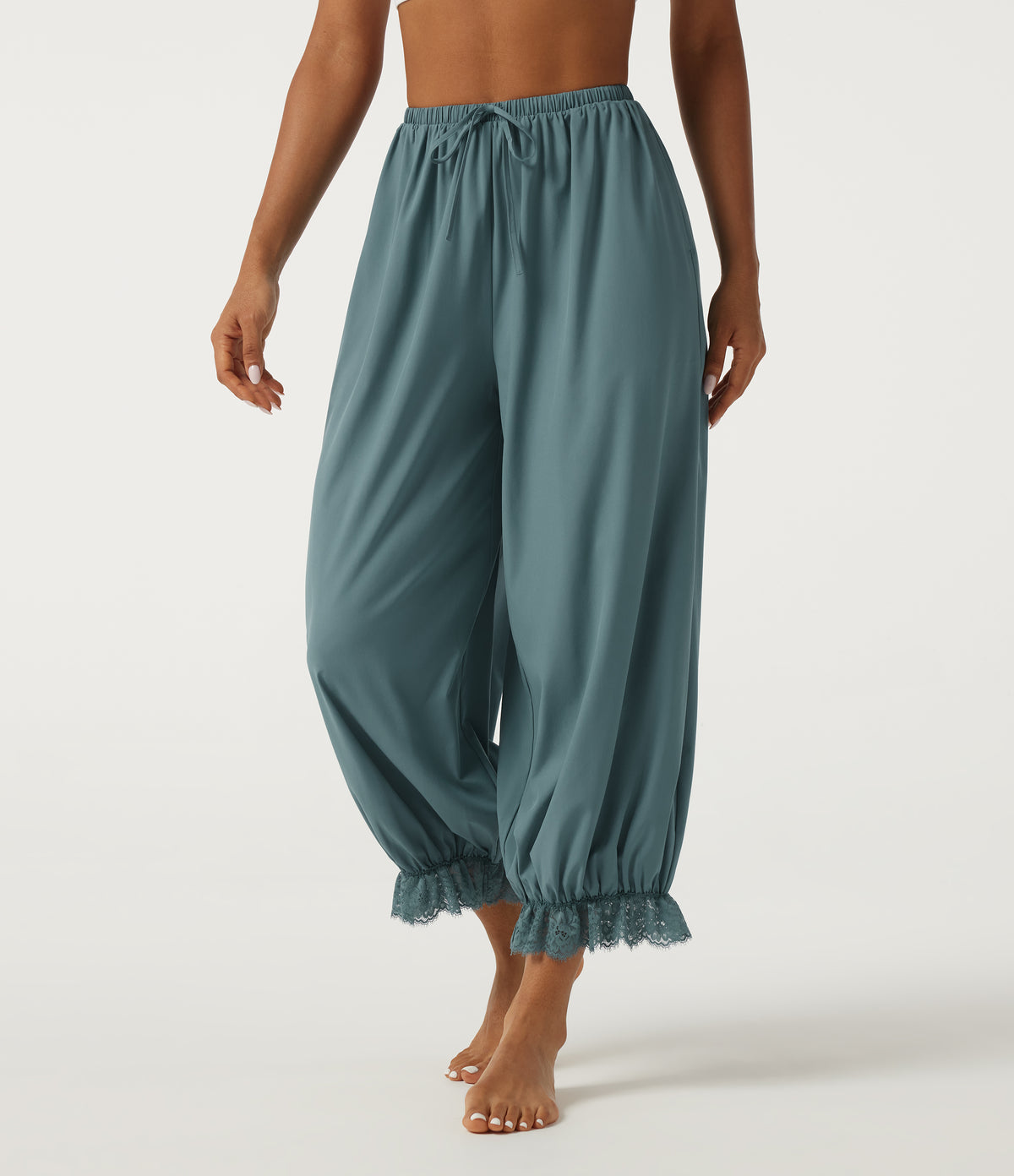 High Waisted Drawstring Contrast Lace Quick Dry Dance with Pockets — Stone Blue — view 1