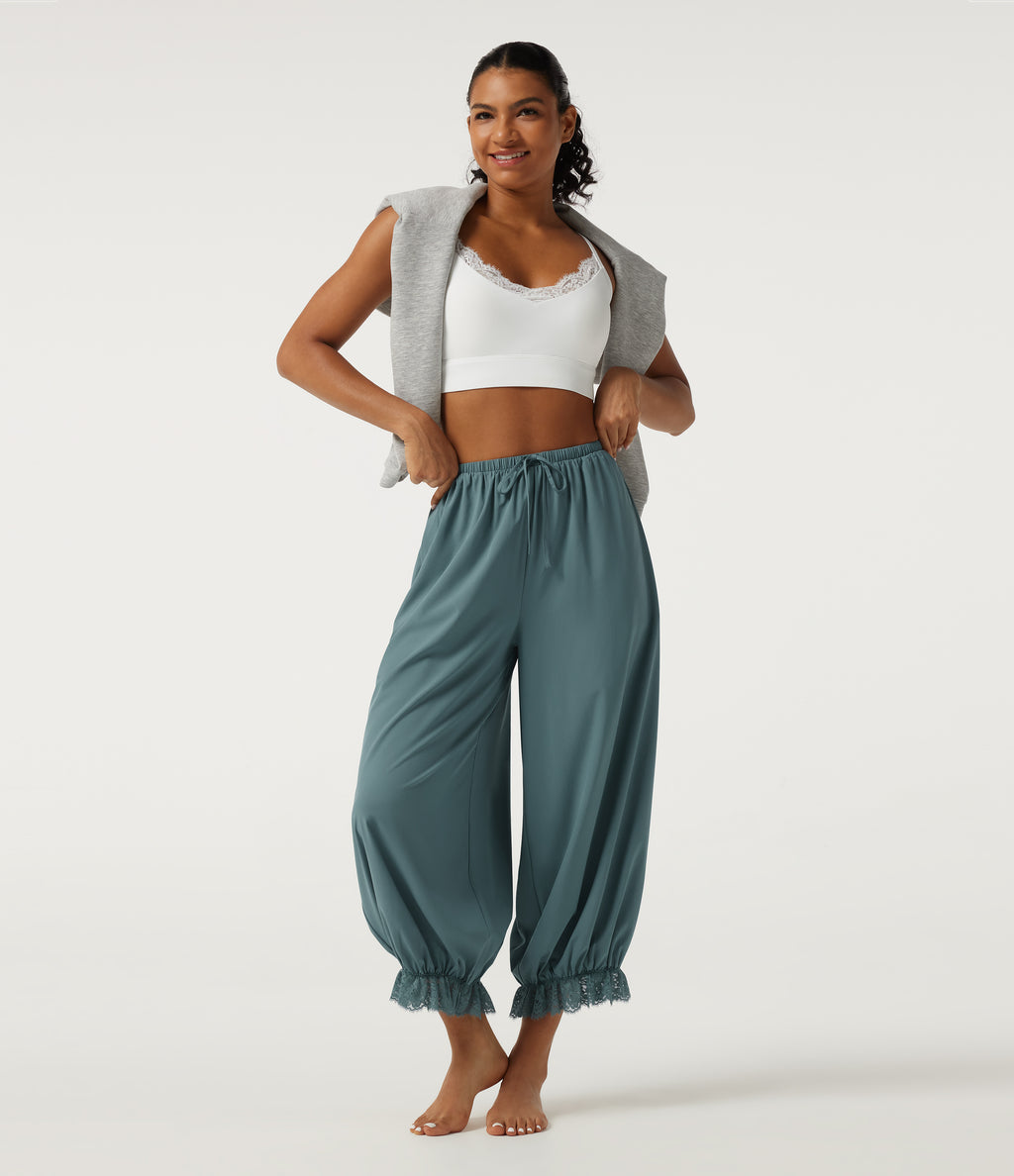 High Waisted Drawstring Contrast Lace Quick Dry Dance with Pockets — Stone Blue — view 7