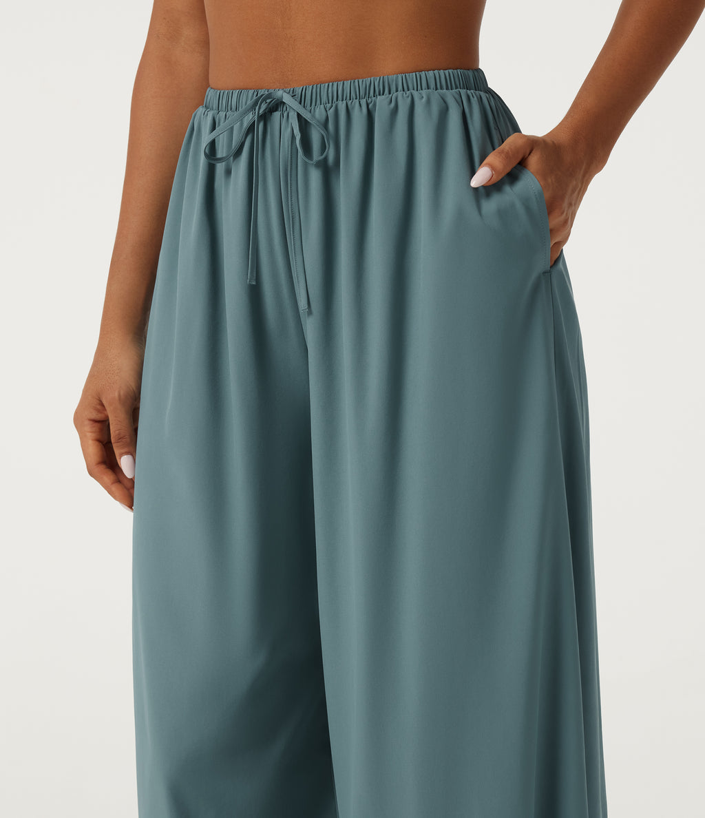 High Waisted Drawstring Contrast Lace Quick Dry Dance with Pockets — Stone Blue — view 4