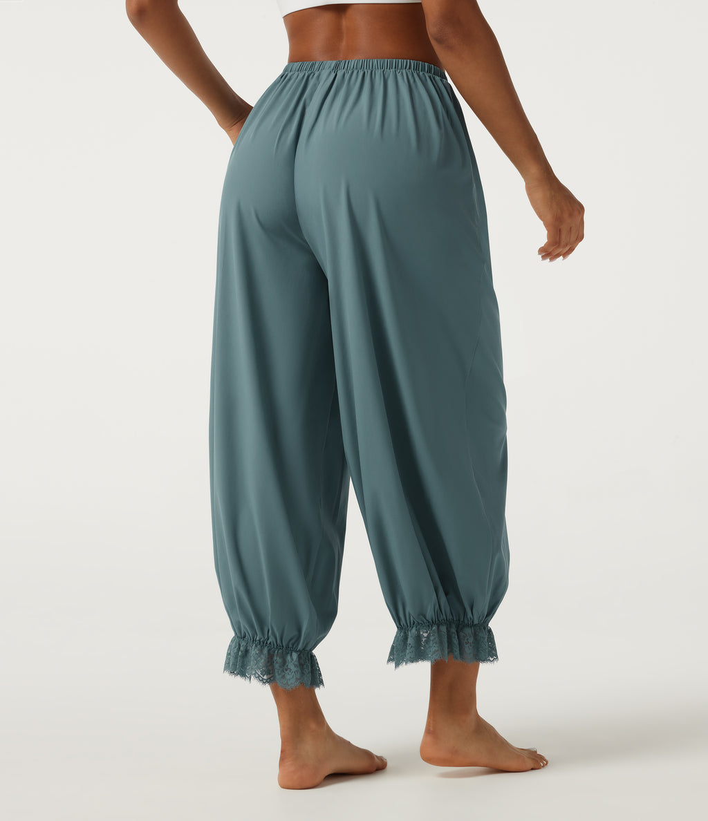 High Waisted Drawstring Contrast Lace Quick Dry Dance with Pockets — Stone Blue — view 2