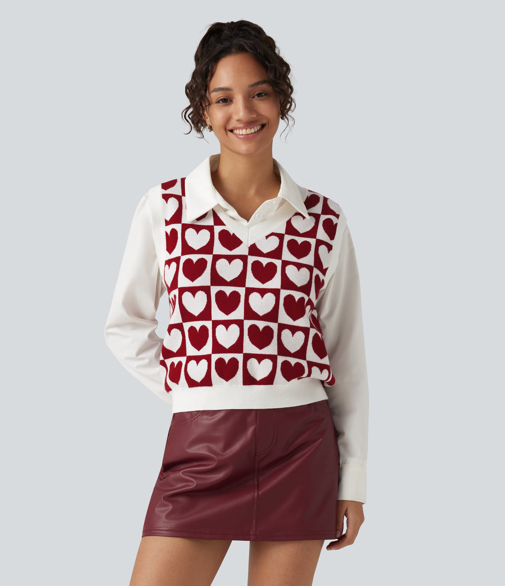 V Neck Casual Sweater Vests — Cherry Heart Check — view 3