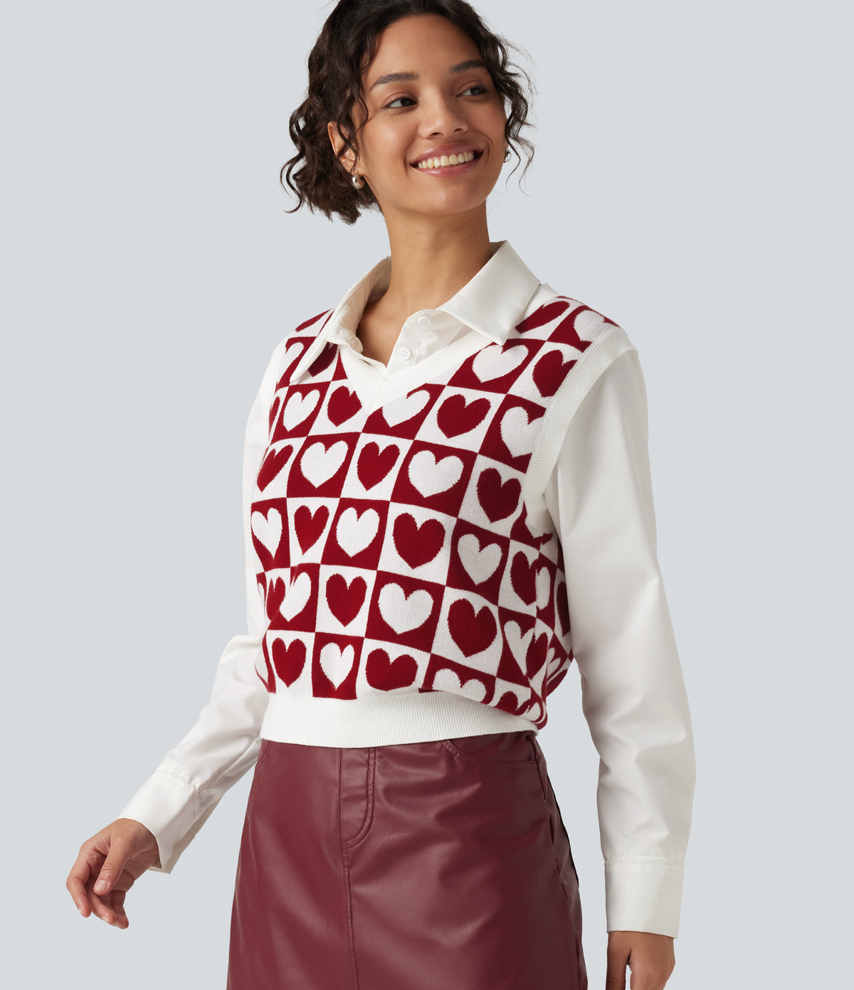 V Neck Casual Sweater Vests — Cherry Heart Check — view 1