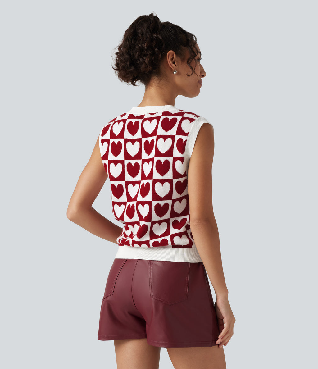 V Neck Casual Sweater Vests — Cherry Heart Check — view 5