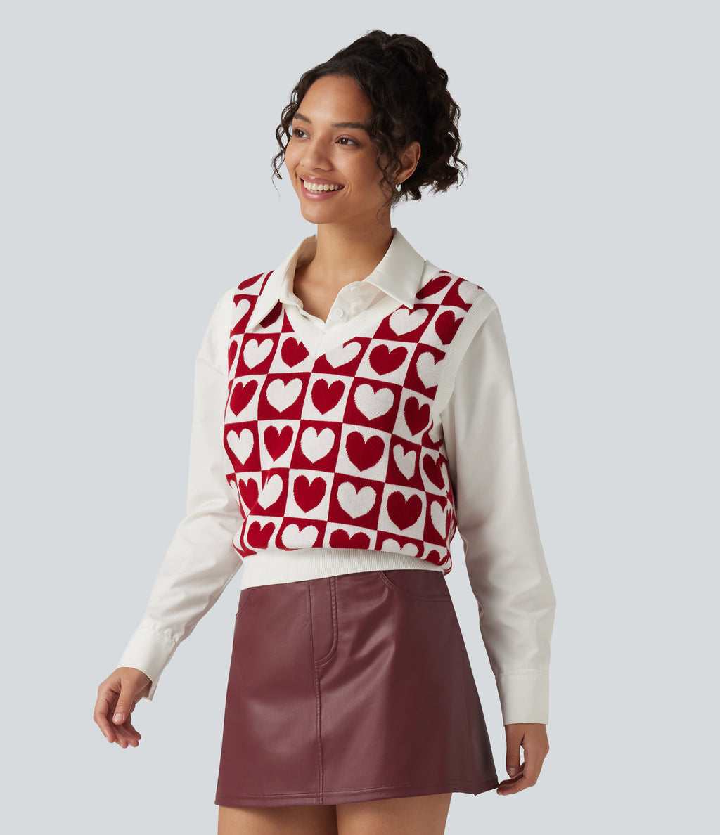 V Neck Casual Sweater Vests — Cherry Heart Check — view 8