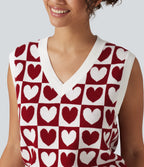 V Neck Casual Sweater Vests — Cherry Heart Check — view 4