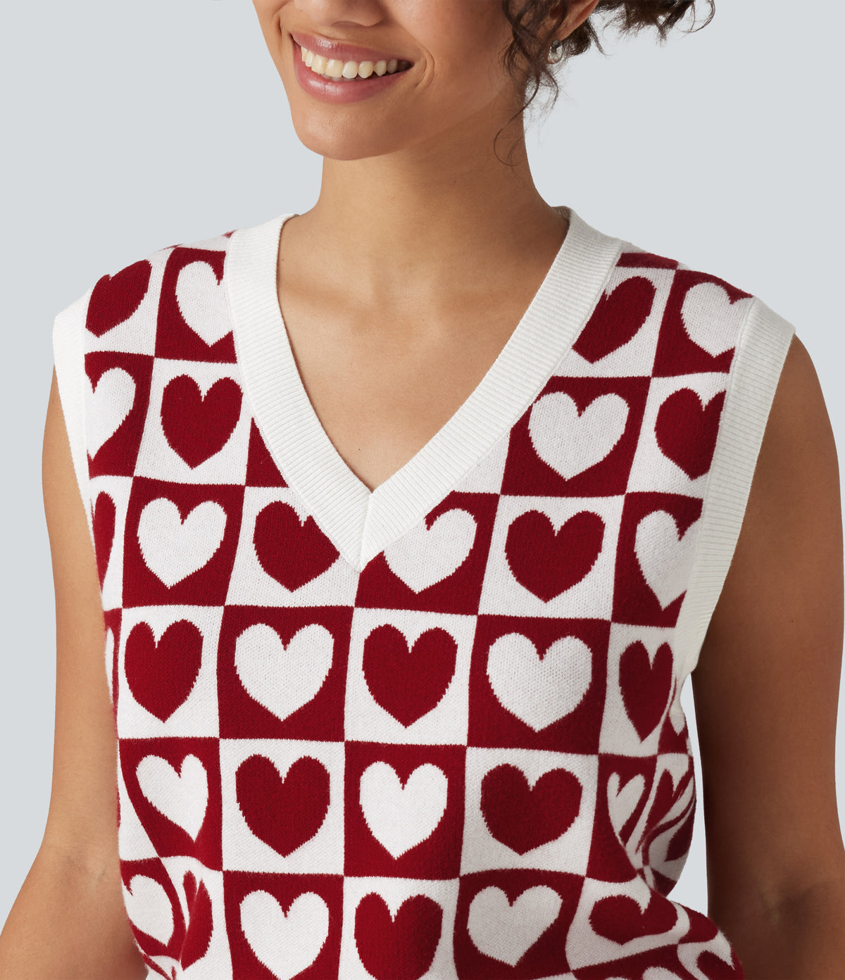 V Neck Casual Sweater Vests — Cherry Heart Check — view 4