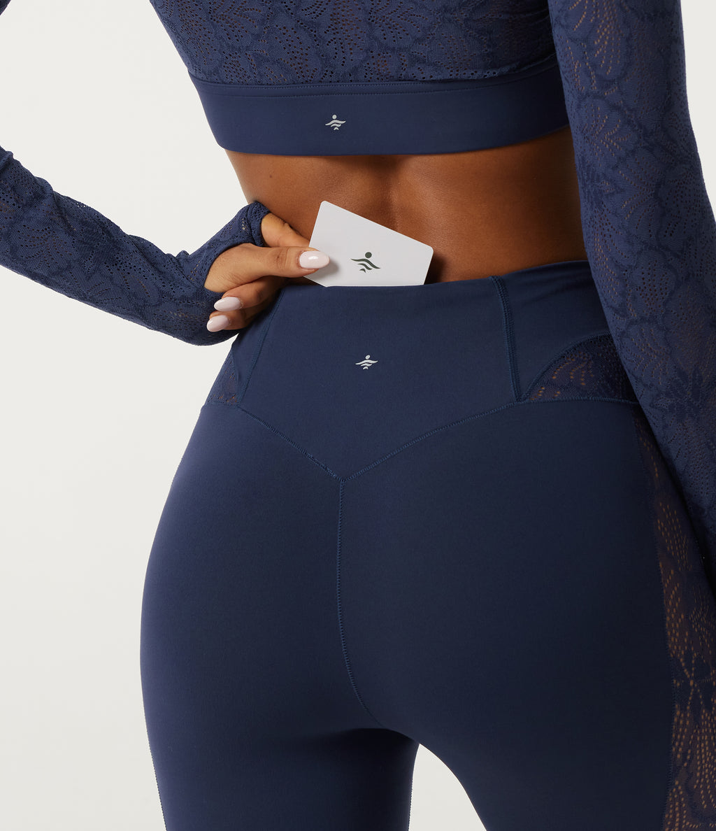 High Waisted Contrast Lace Yoga Leggings with Pocket — Peacoat — view 5