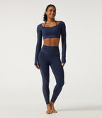 High Waisted Contrast Lace Yoga Leggings with Pocket — Peacoat — view 8