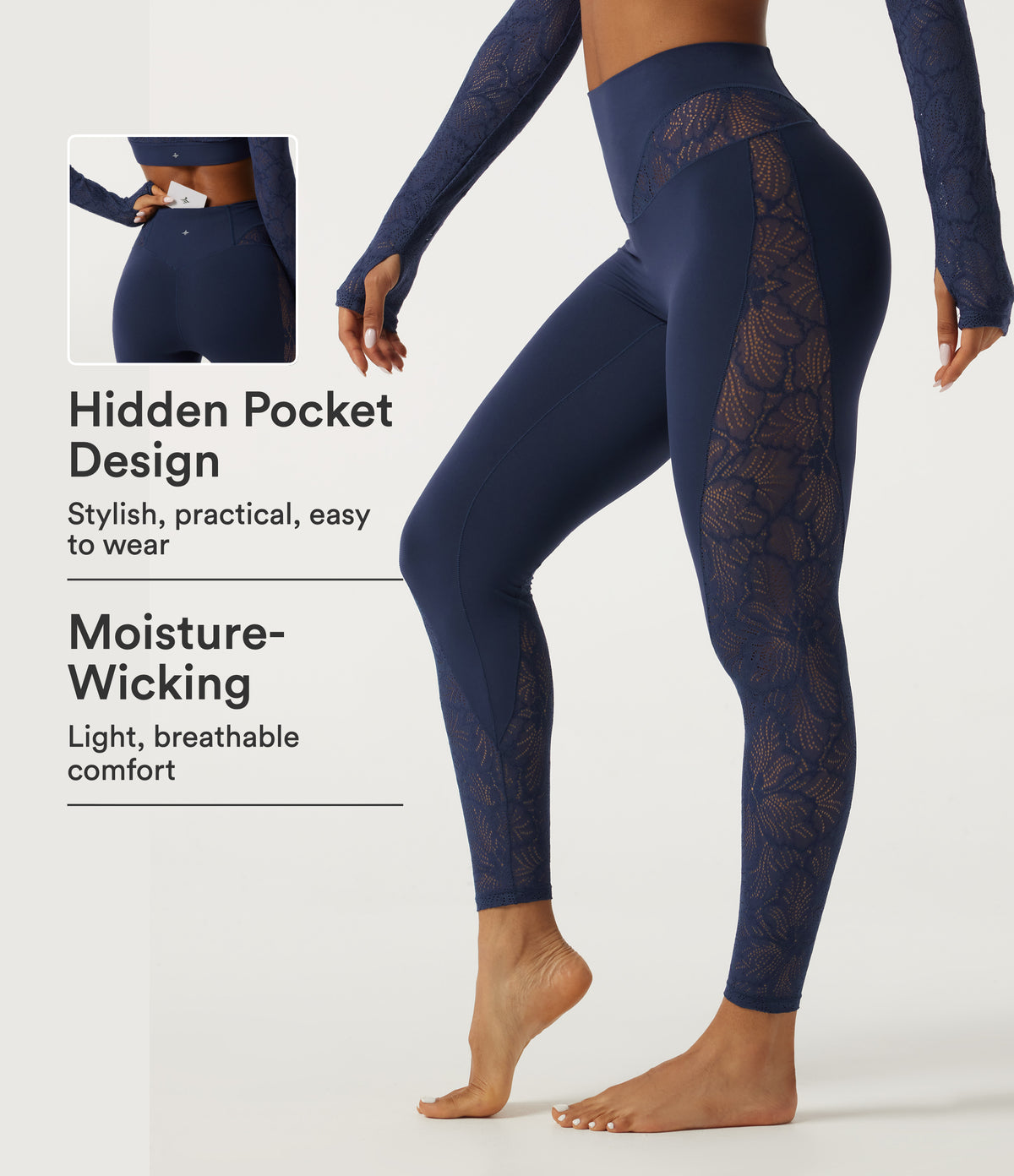 High Waisted Contrast Lace Yoga Leggings with Pocket — Peacoat — view 1