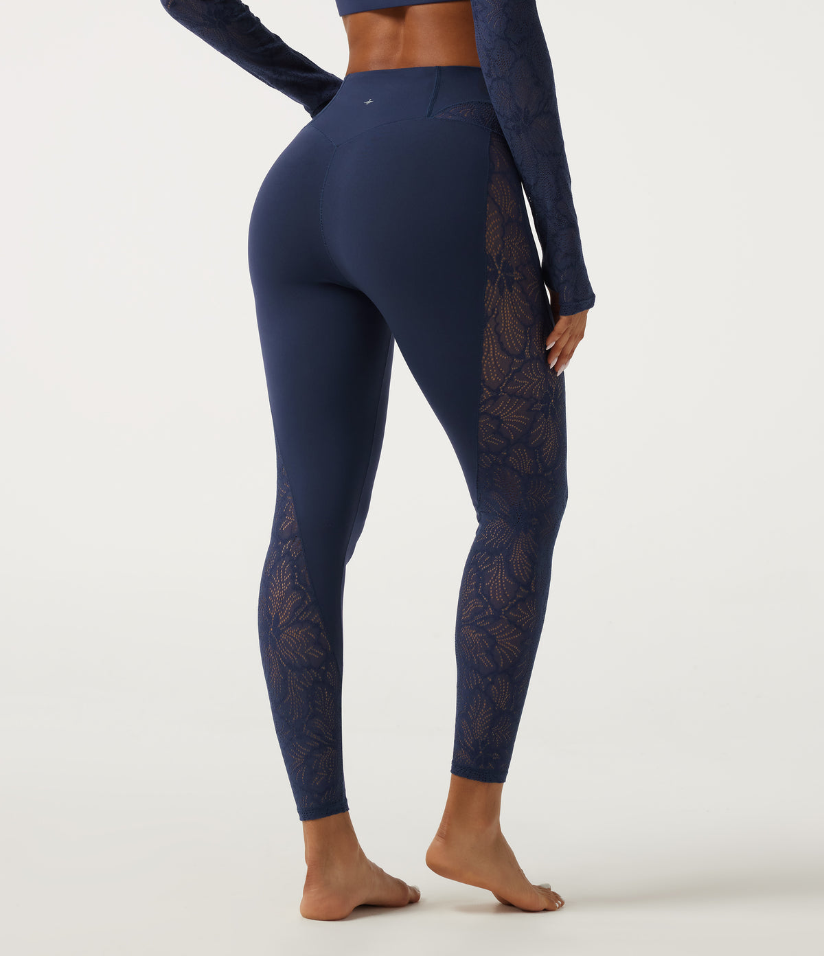 High Waisted Contrast Lace Yoga Leggings with Pocket — Peacoat — view 2