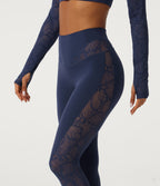 High Waisted Contrast Lace Yoga Leggings with Pocket — Peacoat — view 6