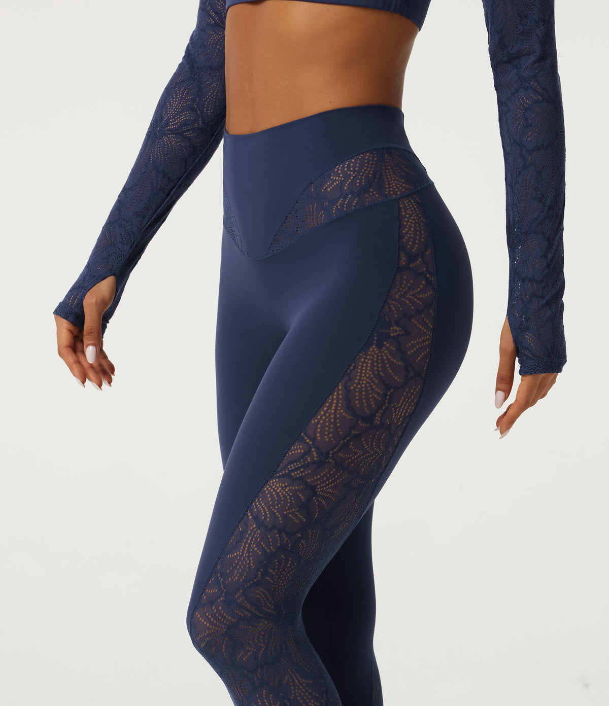 High Waisted Contrast Lace Yoga Leggings with Pocket — Peacoat — view 6