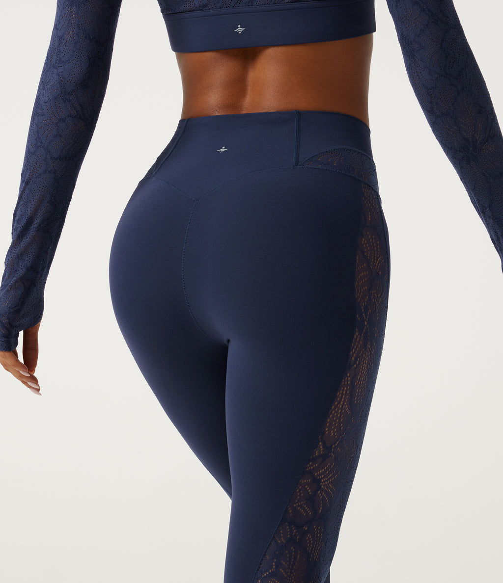 High Waisted Contrast Lace Yoga Leggings with Pocket — Peacoat — view 7
