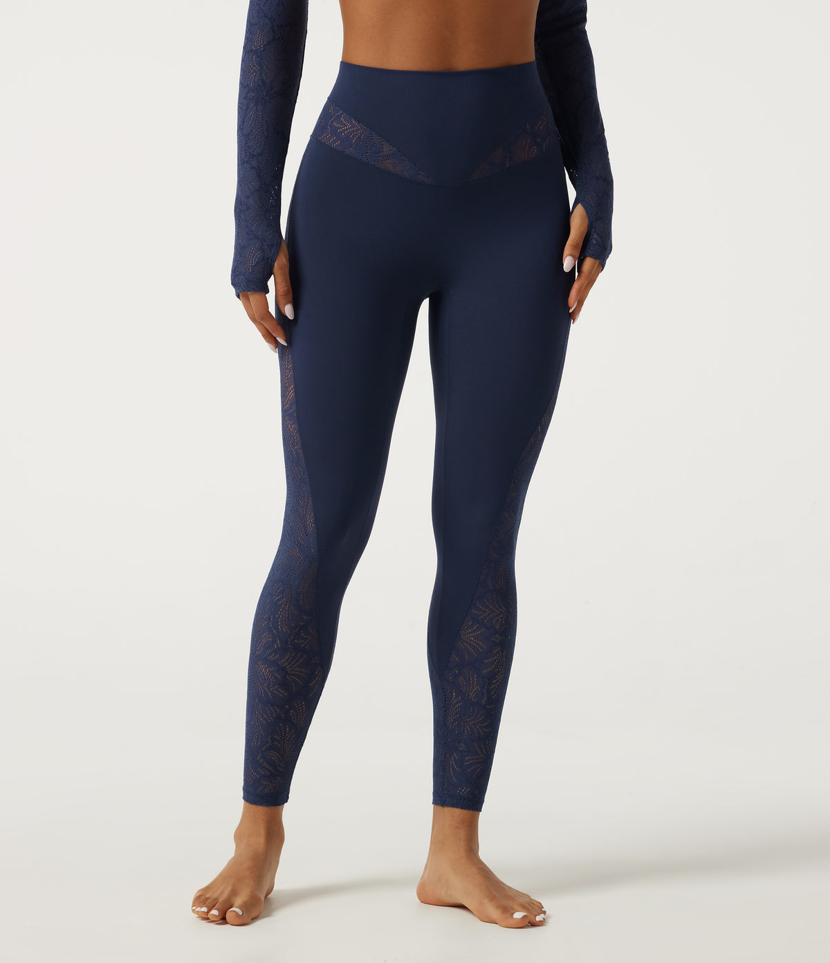 High Waisted Contrast Lace Yoga Leggings with Pocket — Peacoat — view 3