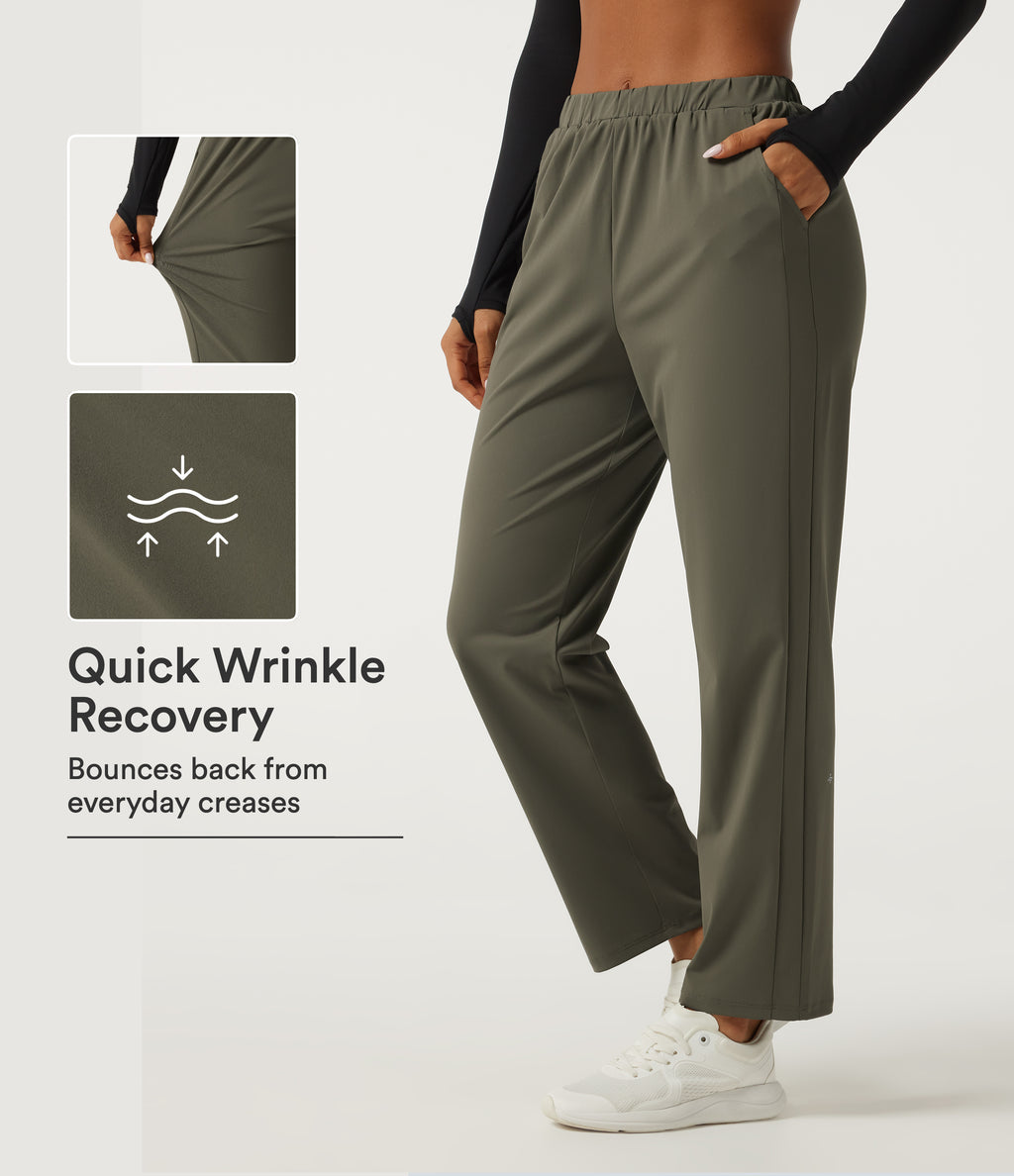 Wrinkle Recovery Mid Rise Quick Dry Workout Trousers with Pockets — Grass Grey Green — view 1