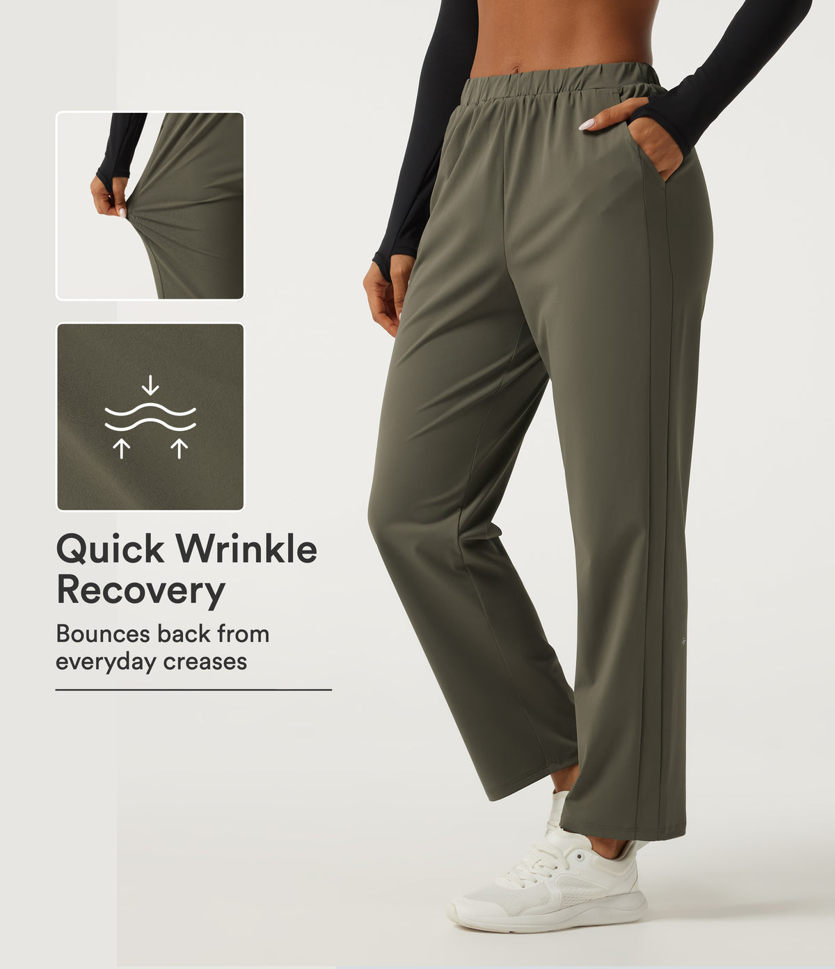 Wrinkle Recovery Mid Rise Quick Dry Workout Trousers with Pockets — Grass Grey Green — view 1