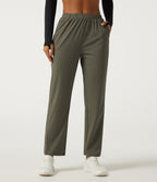 Wrinkle Recovery Mid Rise Quick Dry Workout Trousers with Pockets — Grass Grey Green — view 3
